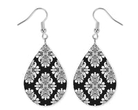 Damask Black and White Teardrop Earrings