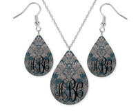 Damask Monogrammed Teardrop Earrings and Necklace Set - Sew Lucky Embroidery