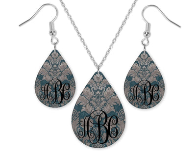 Damask Monogrammed Teardrop Earrings and Necklace Set