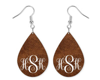 Dark Cracked Leather Design Monogrammed Teardrop Earrings - Sew Lucky Embroidery