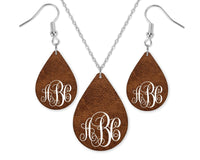 Dark Cracked Leather Design Monogrammed Teardrop Earrings and Necklace Set - Sew Lucky Embroidery