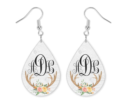 Deer Antlers Monogrammed Teardrop Earrings