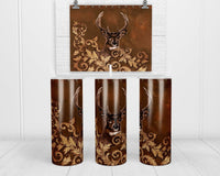 Deer on leather color background 20 oz insulated tumbler with lid and straw - Sew Lucky Embroidery