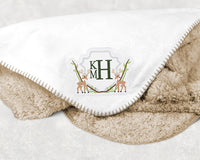 Personalized deer crest embroidered patch on cozy baby blanket, woodland monogram applique patch for nursery decor, keepsake blankets and rustic baby gifts