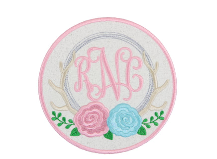 Deer Antlers with Roses Monogram Sew or Iron On Patch - Sew Lucky Embroidery