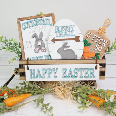 Easter Bunny Handmade Wood Wagon Decor Set