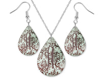 Fade Damask Monogrammed Teardrop Earrings and Necklace Set - Sew Lucky Embroidery