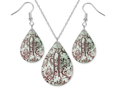 Fade Damask Monogrammed Teardrop Earrings and Necklace Set