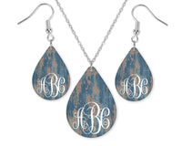 Faded Wood Monogrammed Teardrop Earrings and Necklace Set - Sew Lucky Embroidery