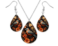 Fall Floral Bird Earrings and Necklace Set - Sew Lucky Embroidery