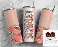 Fall Flowers and Pumpkins Personalized 20oz Insulated Tumbler with Lid and Straw - Sew Lucky Embroidery