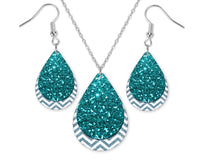 Glitter and Chevron Teardrop Earrings and Necklace Set - Sew Lucky Embroidery