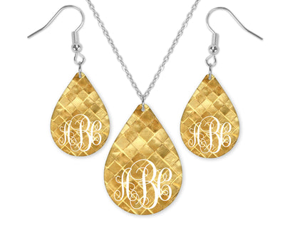 Gold Tile Monogrammed Teardrop Earrings and Necklace Set