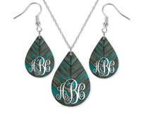 Gray and Teal Wood Monogrammed Teardrop Earrings and Necklace Set - Sew Lucky Embroidery