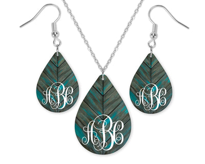 Gray and Teal Wood Monogrammed Teardrop Earrings and Necklace Set