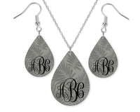 Gray Leaves Monogrammed Teardrop Earrings and Necklace Set - Sew Lucky Embroidery