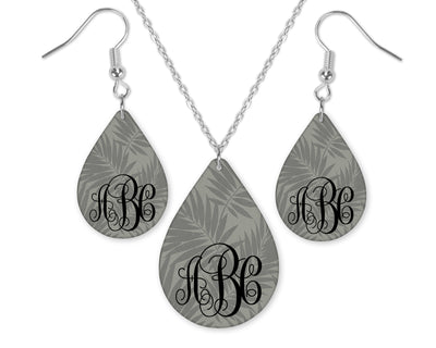 Gray Leaves Monogrammed Teardrop Earrings and Necklace Set