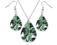 Green Leaves Teardrop Earrings and Necklace Set - Sew Lucky Embroidery