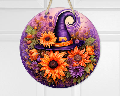 Halloween Witch Hat Sunflowers Door Hanger