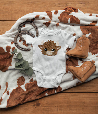Highland Cow Boy Embroidery Patch Furry Farm Animal Applique for Baby Clothes, Toddler Jackets, Quilts, Backpacks, or Gift Projects - Sew Lucky Embroidery