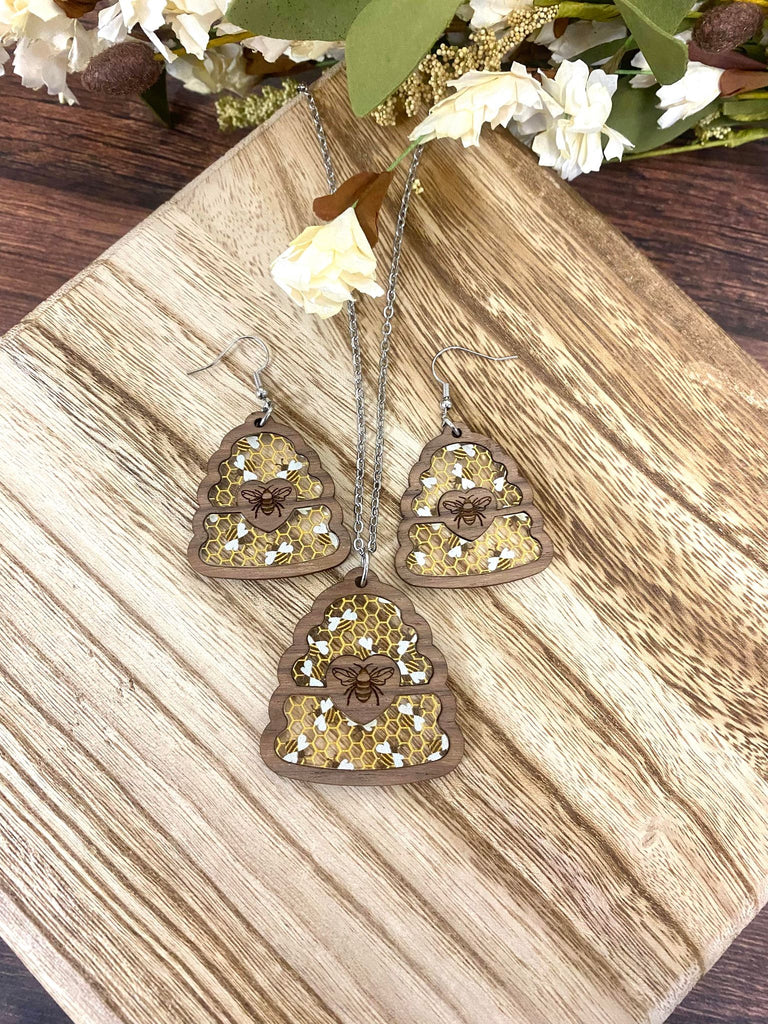 Honey Bee Wood and Acrylic handmade earrings or necklace set - Sew Lucky Embroidery