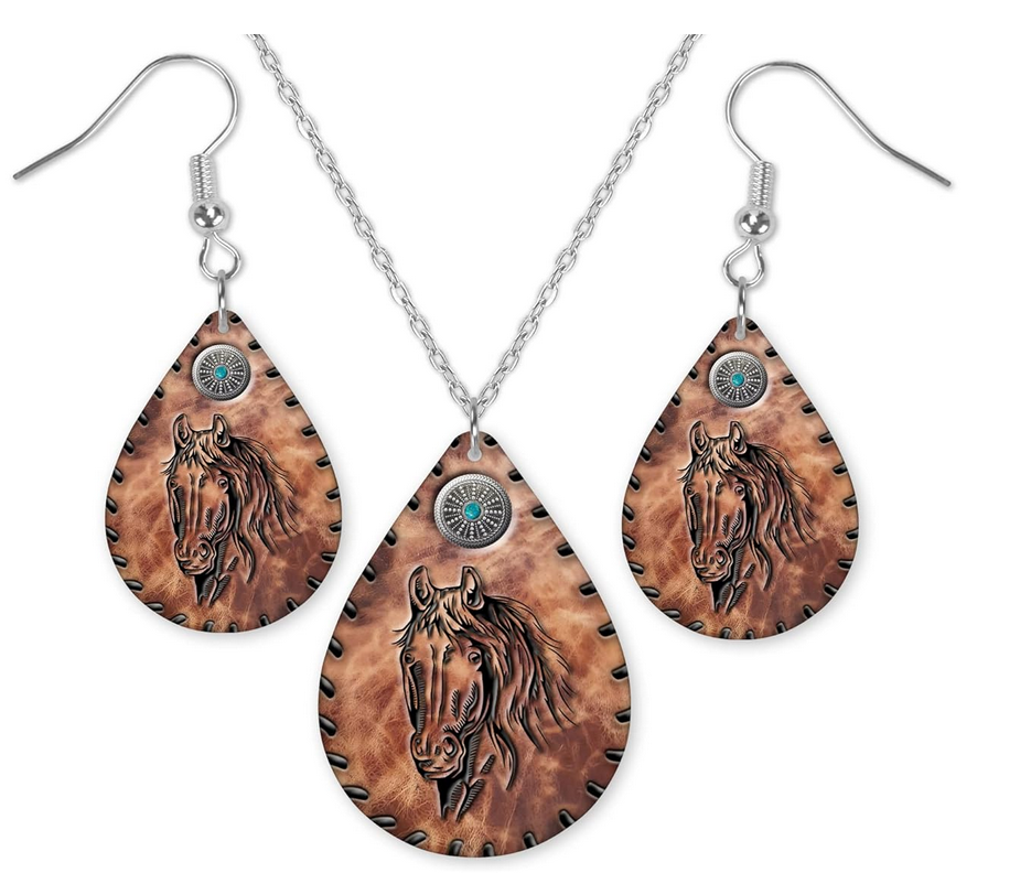 Horse Head Sketch Teardrop Earrings and Necklace Set - Sew Lucky Embroidery