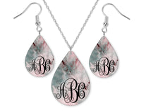 Marble Mystic Monogrammed Teardrop Earrings and Necklace Set - Sew Lucky Embroidery