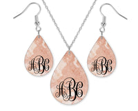 Marble Peach Monogrammed Teardrop Earrings and Necklace Set - Sew Lucky Embroidery