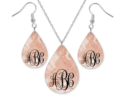 Marble Peach Monogrammed Teardrop Earrings and Necklace Set