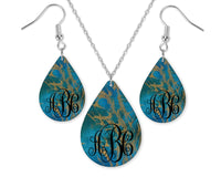 Marble Teal Monogrammed Teardrop Earrings and Necklace Set - Sew Lucky Embroidery