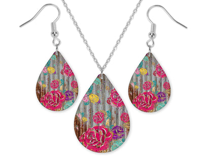 Metal Tin with Flowers Teardrop Earrings and Necklace Set