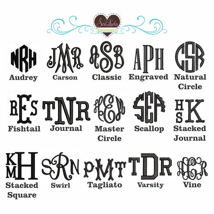 A collage of monogram lettering styles on a white background, with sample names under each design such as Audrey, Carson, Classic, Engraved, Natural Circle, Fishtail, Journal, Master Circle, Scallop, Stacked Journal, Stacked Square, Swirl, Tagliato, Varsity, and Vine. A heart-shaped logo at the top reads 'Sew Lucky Embroidery'.