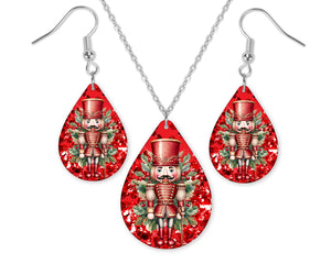 Nutcracker Christmas Red Glitter Earrings or Necklace Set - Sew Lucky Embroidery