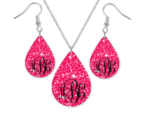 Pink Sparkles Monogrammed Teardrop Earrings and Necklace Set - Sew Lucky Embroidery