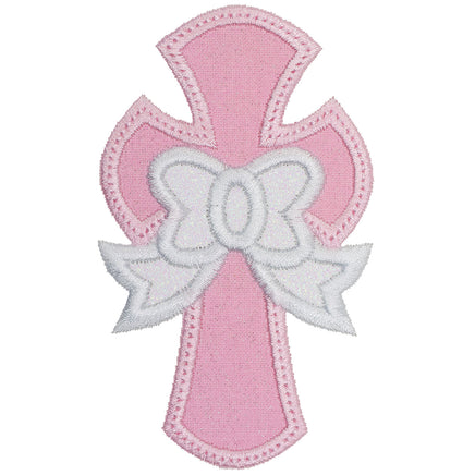 Pretty Cross Patch with Bow Custom Two-Color Embroidered Christian Patch for Girls Baptism, Bags, or Clothing Iron-On or Sew-On - Sew Lucky Embroidery