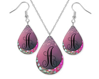 Pink and Purple Bokeh Monogrammed Teardrop Earrings and Necklace Set - Sew Lucky Embroidery