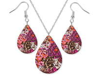 Purple Quilted Design Teardrop Earrings and Necklace Set - Sew Lucky Embroidery