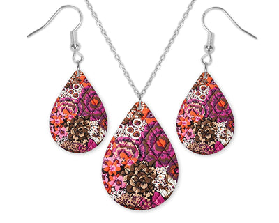 Purple Quilted Design Teardrop Earrings and Necklace Set