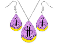 Purple and Yellow Monogrammed Teardrop Earrings and Necklace Set - Sew Lucky Embroidery
