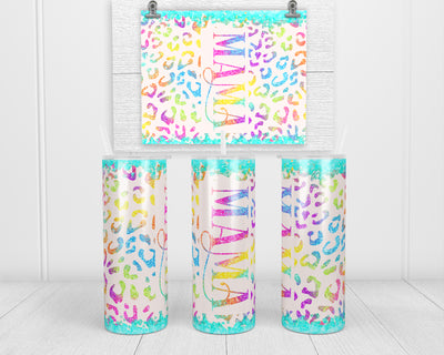 Rainbow Leopard Mama 20 oz insulated tumbler with lid and straw