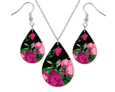 Roses on Black Teardrop Earrings and Necklace Set