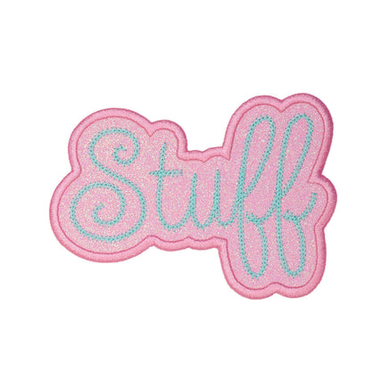 Pink patch with 'stuff' text on a pink background