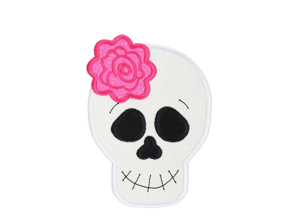 Sugar Skull with Pink Rose Sew or Iron on Patch - Sew Lucky Embroidery