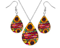 Sunflower Brushstrokes Teardrop Earrings and Necklace Set - Sew Lucky Embroidery