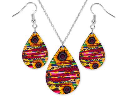 Sunflower Brushstrokes Teardrop Earrings and Necklace Set