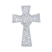 Swirly Christian cross embroidered patch in silver thread with decorative scroll design for Easter clothing jackets backpacks and religious apparel