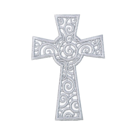 Swirly Christian cross embroidered patch in silver thread with decorative scroll design for Easter clothing jackets backpacks and religious apparel