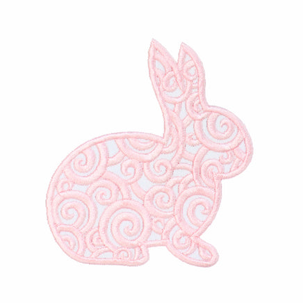 Pink swirly Easter bunny embroidered patch with delicate scroll pattern fill, soft pastel stitching, and satin border, perfect for spring outfits, Easter baskets, jackets, and personalized applique designs