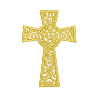 Swirly Christian cross embroidered patch in gold thread with decorative scroll design for Easter clothing jackets backpacks and faith apparel
