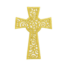 Swirly Christian cross embroidered patch in gold thread with decorative scroll design for Easter clothing jackets backpacks and faith apparel